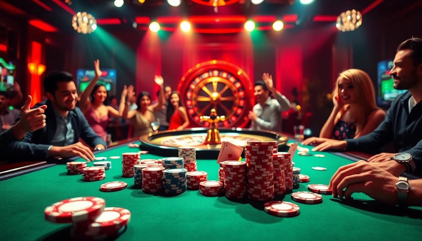 SODO66 poker table scene showcasing thrilling gambling action with vibrant colors