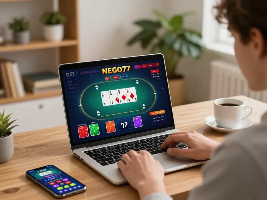Player enjoying a poker game on NEGO77 online platform, showing dynamic betting actions in a cozy home setting.