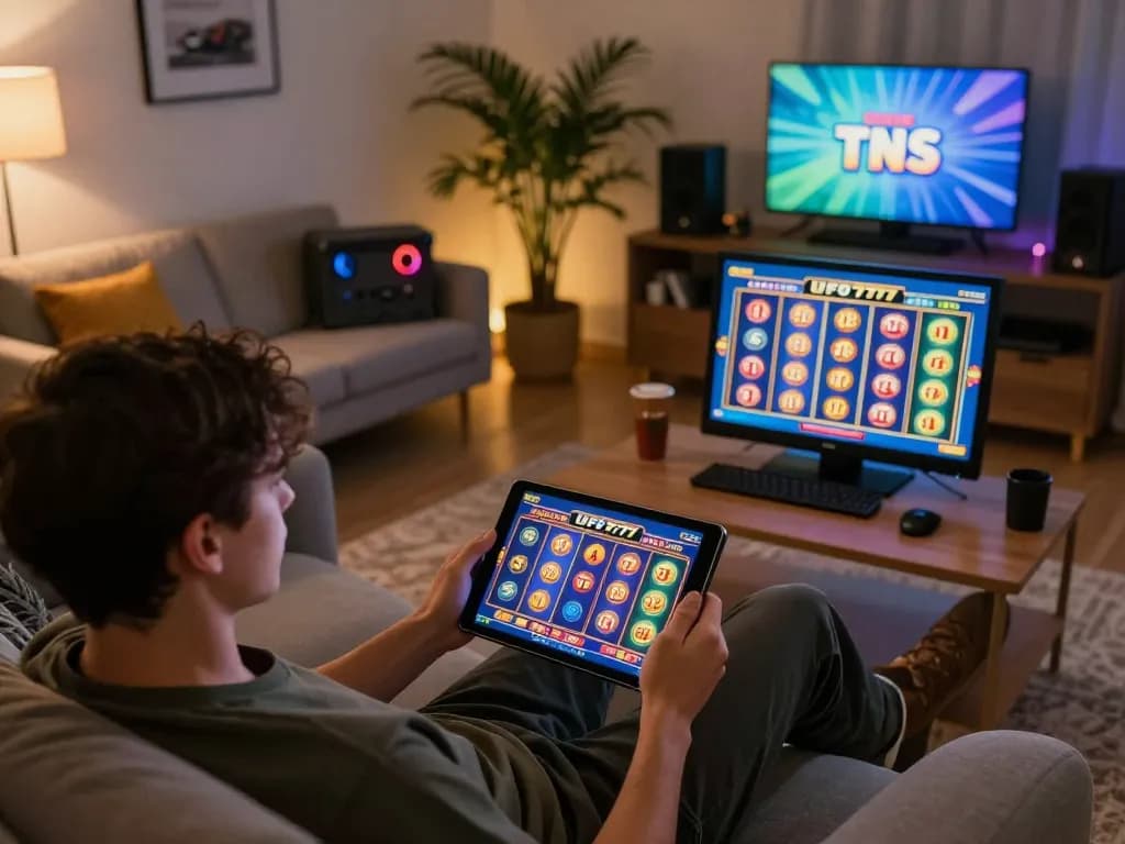Player engaging with UFO777 slot game interface on tablet, showcasing vibrant reels and win notifications