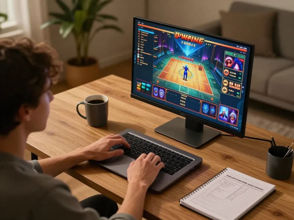 Player enjoying a focused session of slot online gaming on a laptop in a modern home setup