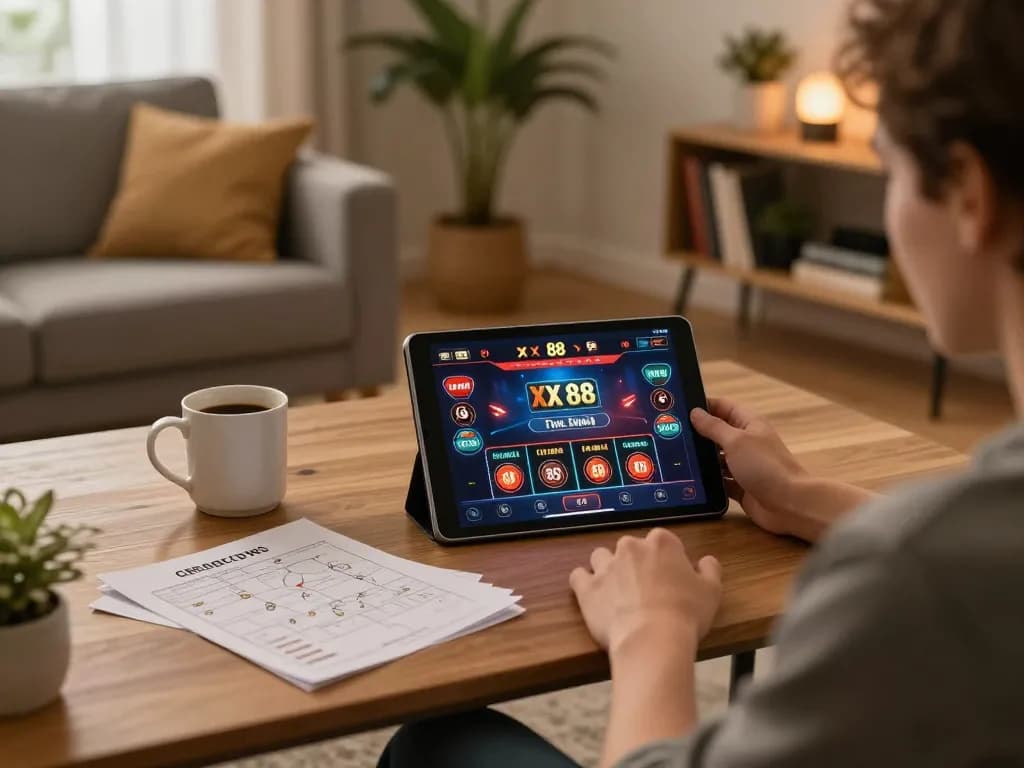Engaging with the XX 88 online casino app in a cozy home setting