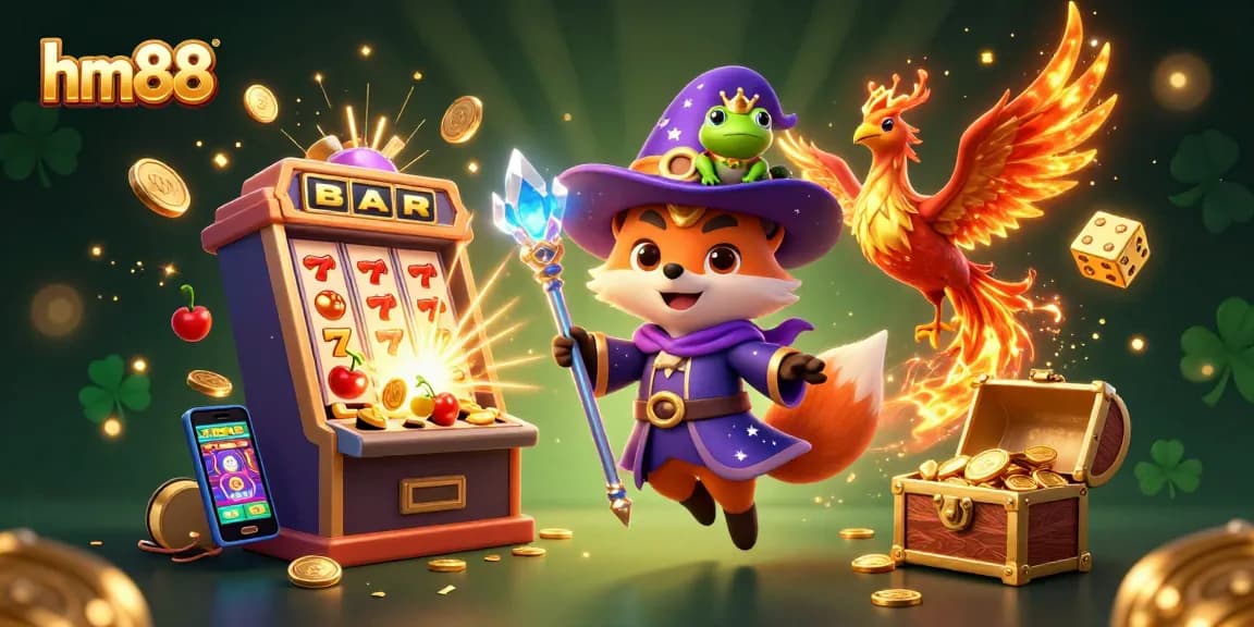Engage with exciting slot gaming at hm88, featuring golden jackpot symbols and vibrant 3D characters.