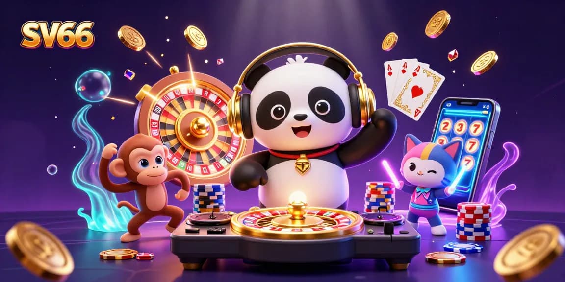 Experience the excitement of SV66 with vibrant casino-themed characters and dynamic gaming elements in a colorful scene.