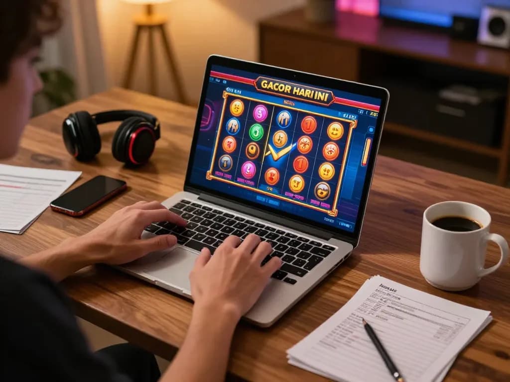 Engaged player experiencing slot gacor hari ini action with strategy notes at home.