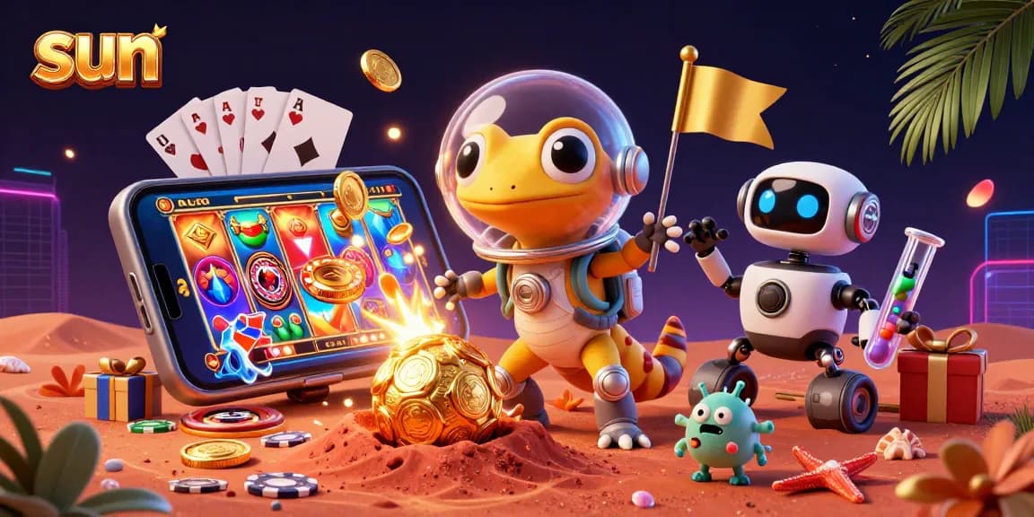 A Martian gecko and robot exploring a golden casino on Mars, showcasing engaging gambling elements.