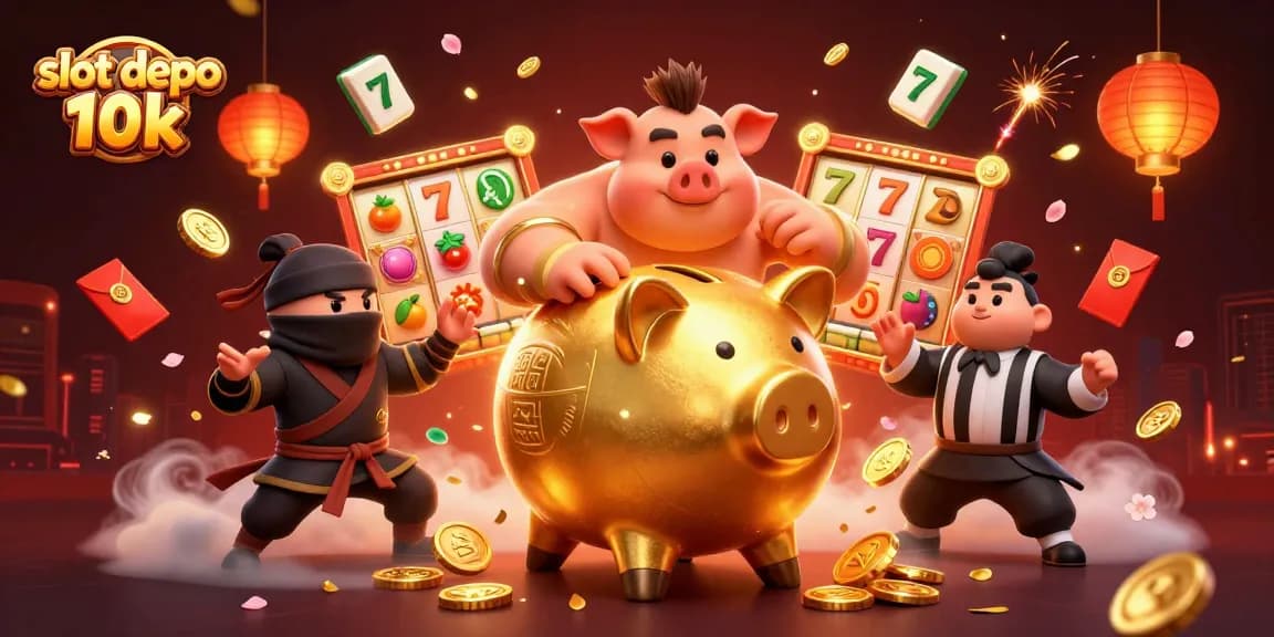 Winning on slot depo 10k with dynamic characters in action amidst vibrant casino elements