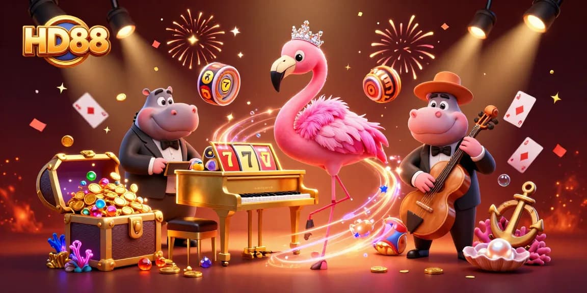 Win big at HD88 with an exciting image featuring a lively casino scene with colorful slot machines and characters.