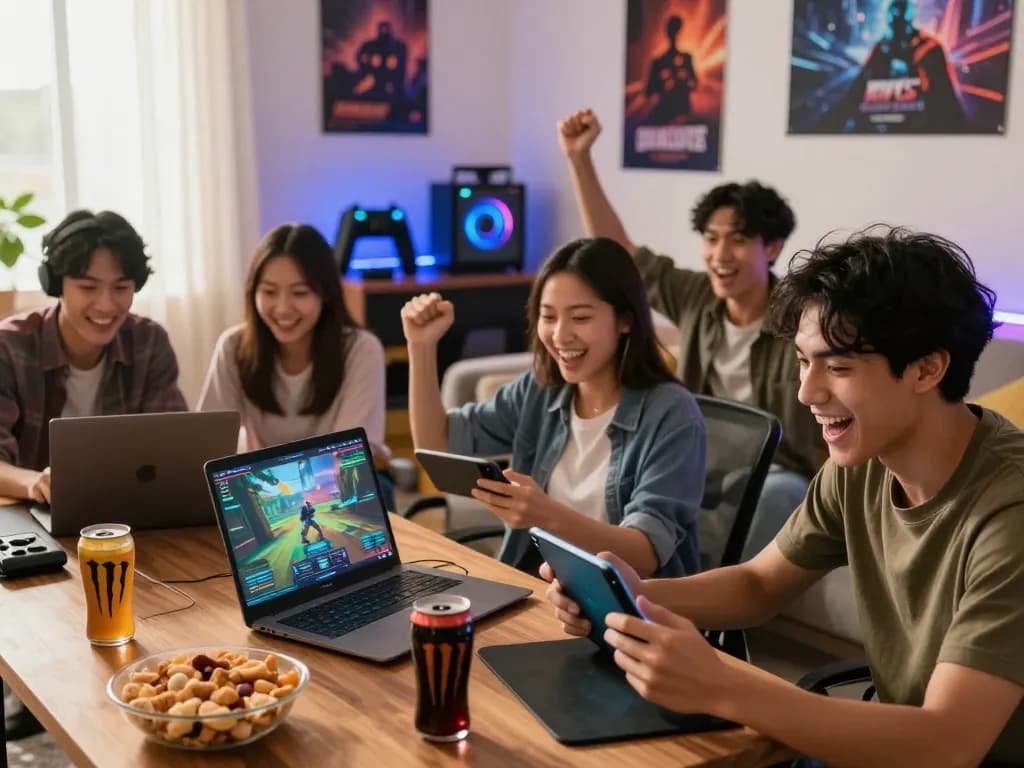 Friends enjoying an exciting Rikvip online gaming session in a vibrant room.