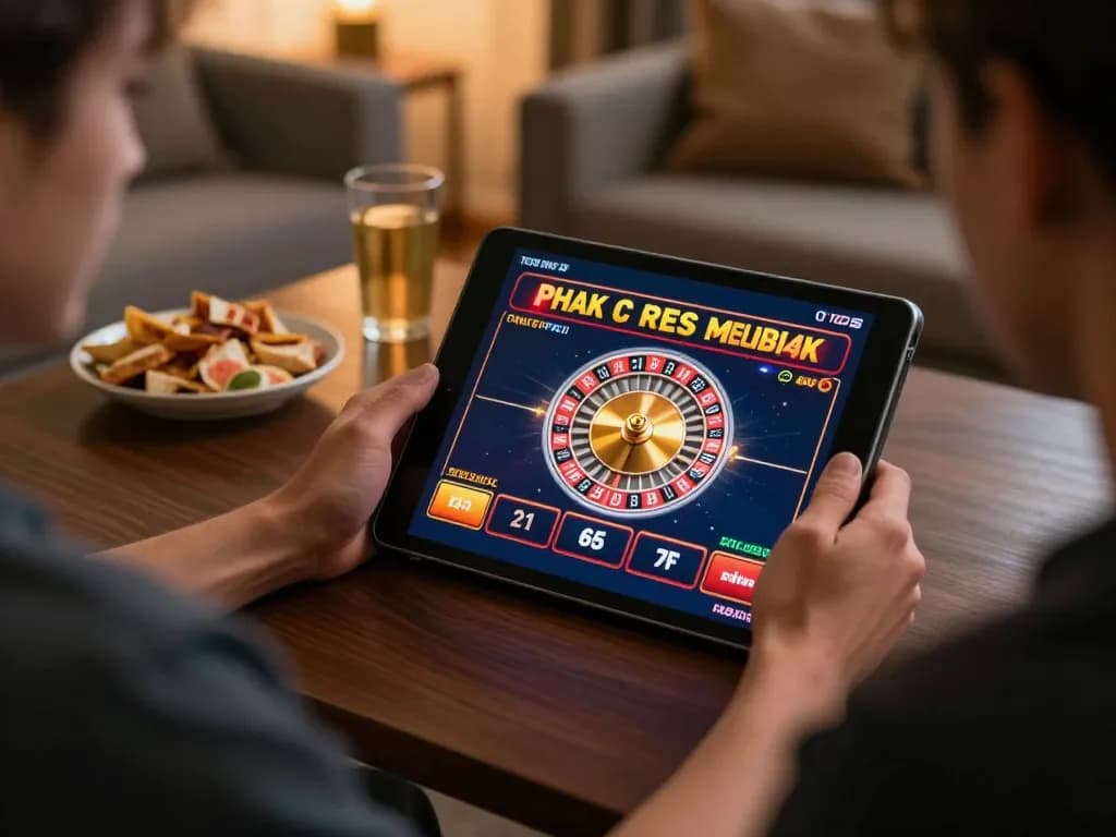 Engaging in mb66 online roulette gaming at home with snacks and a tablet in hand, showcasing a relaxed environment.
