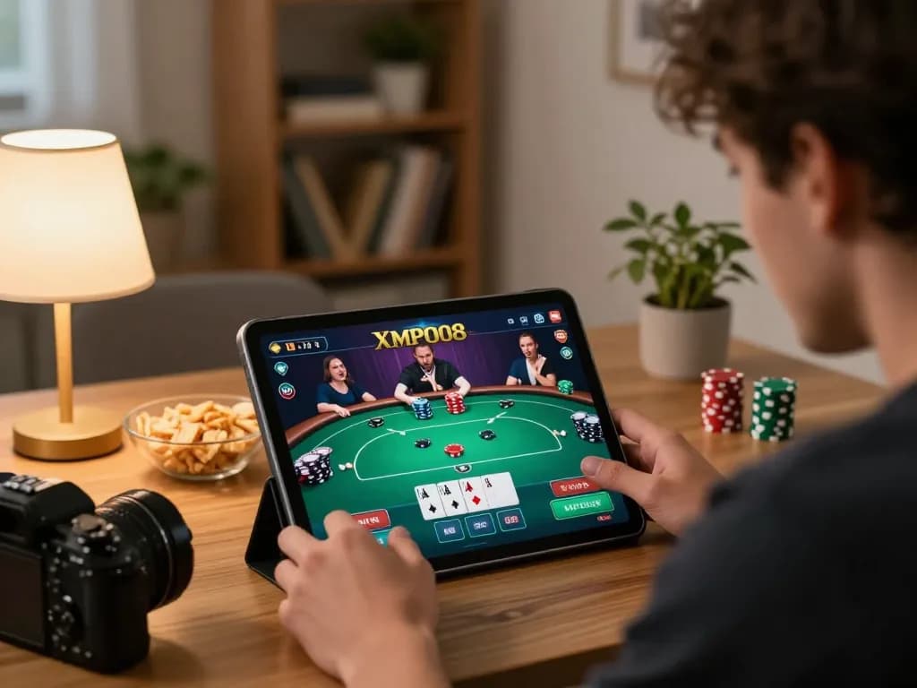 MPO08 player engaging in online poker gameplay from home, showcasing excitement and strategy