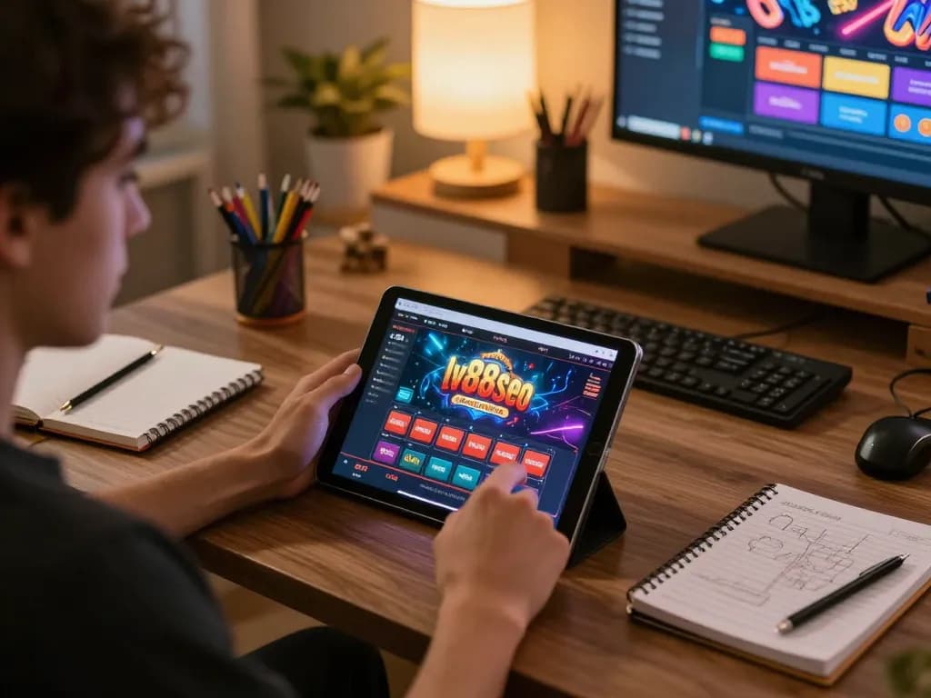 Engaging with lv88seo online casino on a tablet while enjoying a cozy home setup.