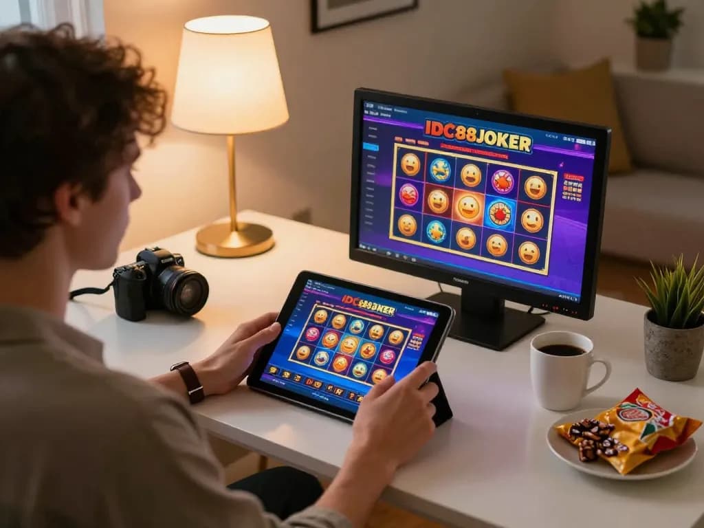 Players enjoying online gaming with IDC88JOKER, demonstrating slot options in a cozy home setting.