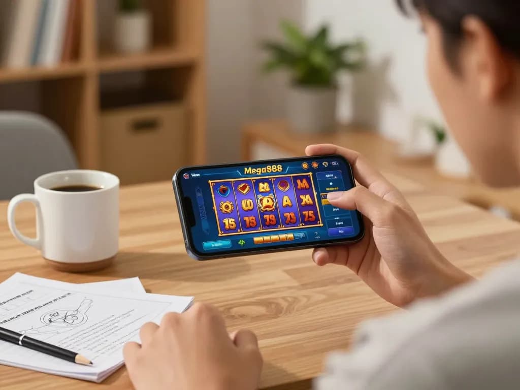 The user playing with the Mega888 App on a smartphone in a cozy home environment, focused on gameplay.