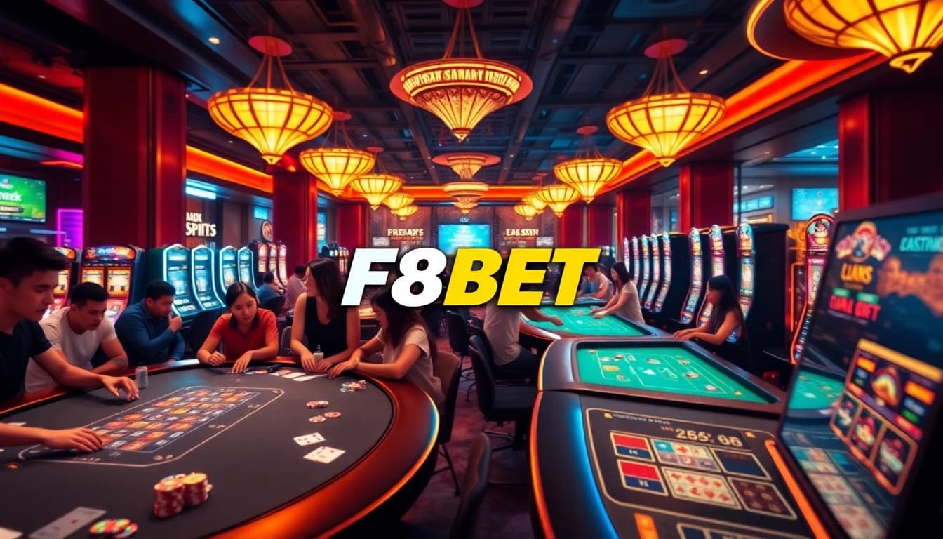 Exciting casino scene promoting F8BET COM with gaming tables and players.
