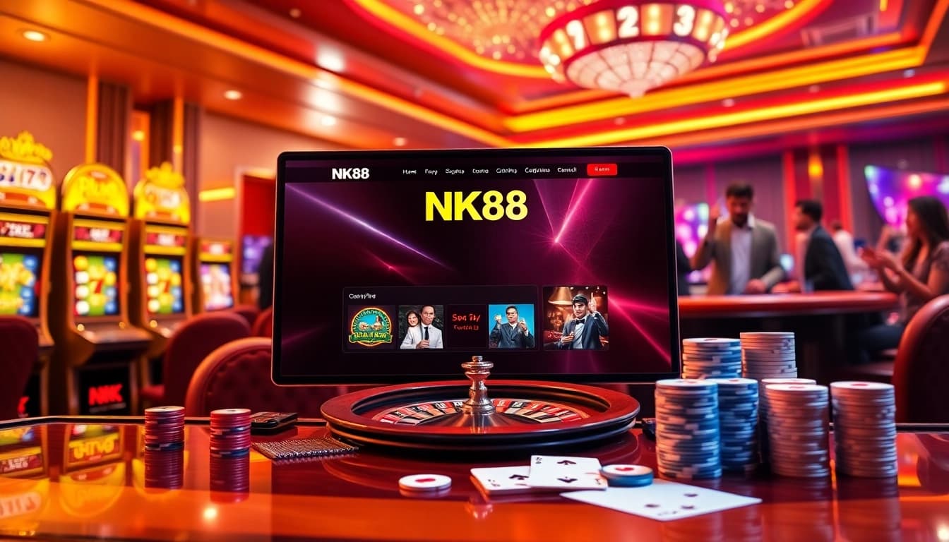 Betting action on trang chủ NK88 digital casino with glowing chips and roulette wheel