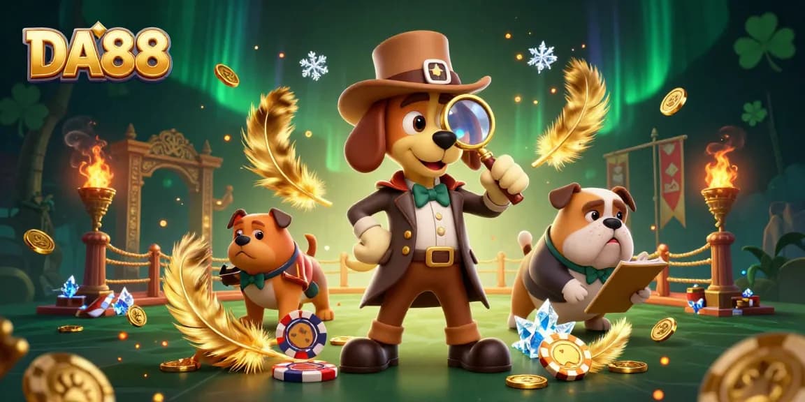 DA88 gameplay featuring a detective and bulldog investigating poker chips among gold coins and festive atmosphere.