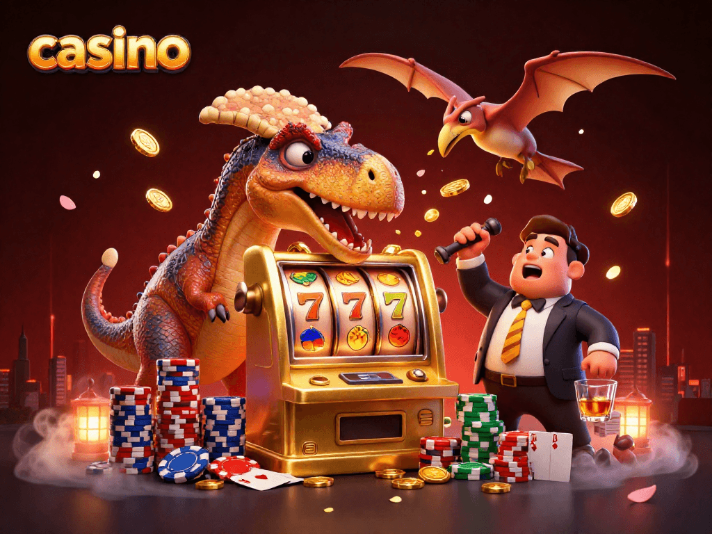 Casino characters celebrating jackpot wins, showcasing slot machines and vibrant poker elements.