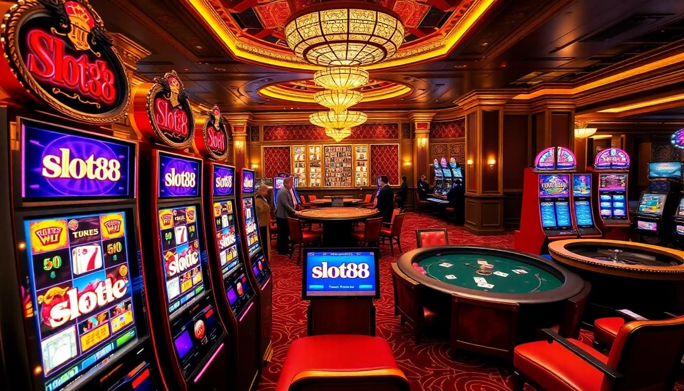 Experience the excitement of slot88 with vibrant slot machines in a luxurious casino setting.