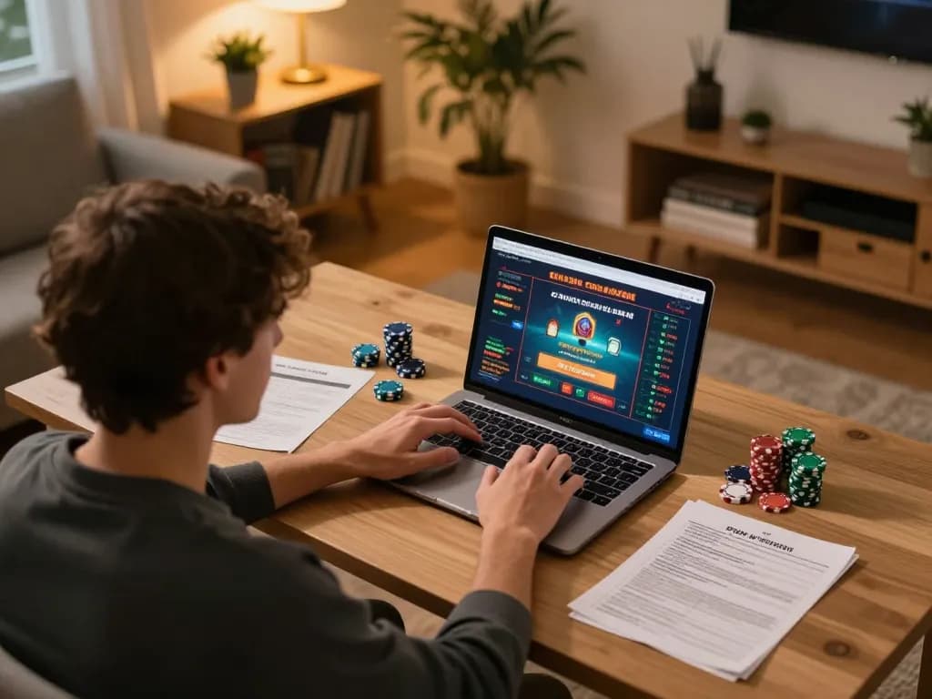 Engaging home gaming scene with individual using nhacaiuytin online casino on laptop, cozy atmosphere.