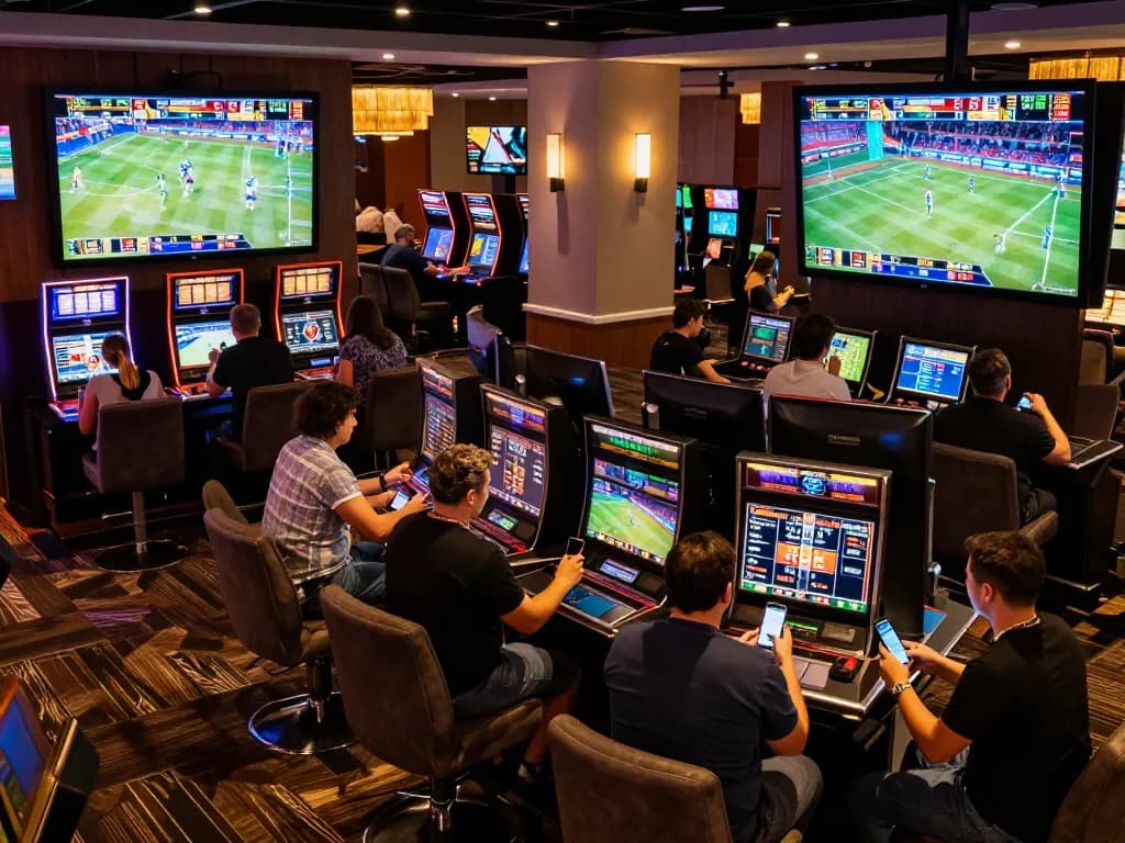 Bsport customers engaged in live sports betting excitement in a modern casino lounge.