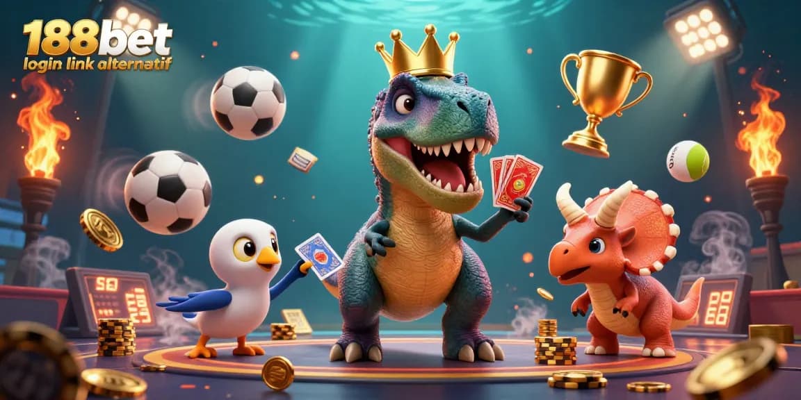 Mencoba akses 188bet login link alternatif dengan T-Rex dan teman dinosaurus lainnya sambil bermain kartu dan menghitung chip emas.