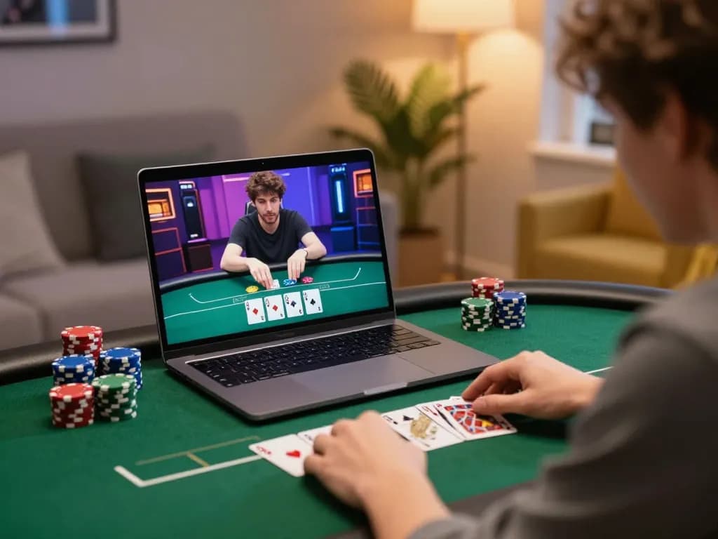 Player engaged in online poker game with bem88 nhà cái on laptop, showcasing strategy and excitement in a cozy atmosphere