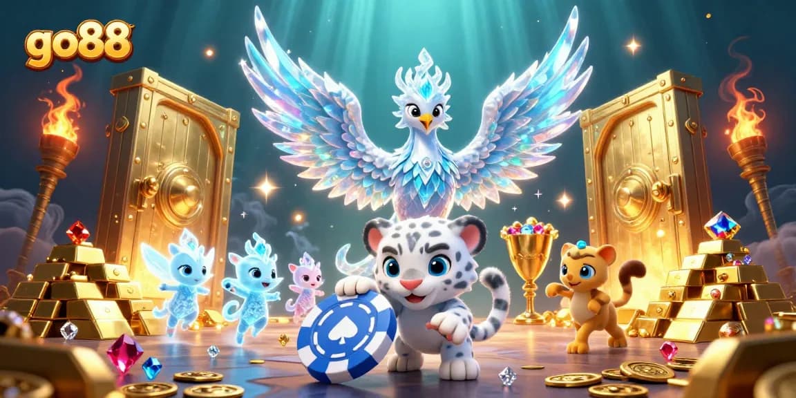 Engage with go88's vibrant casino scene featuring ice phoenix, playful snow leopard, and sparkling treasures.