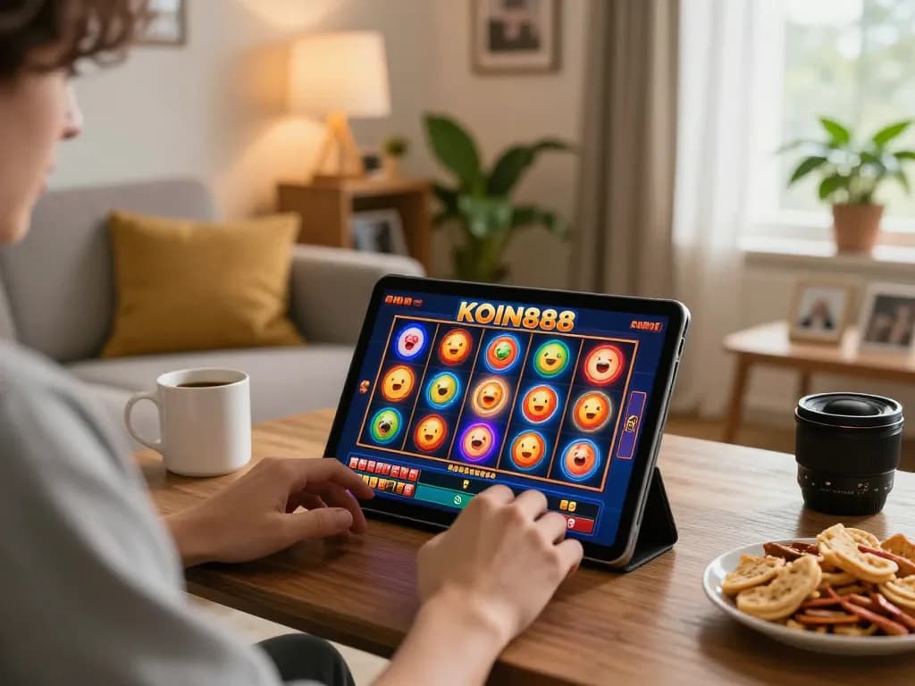Pemain KOIN888 menikmati permainan slot yang menarik di tablet dalam suasana rumah yang nyaman