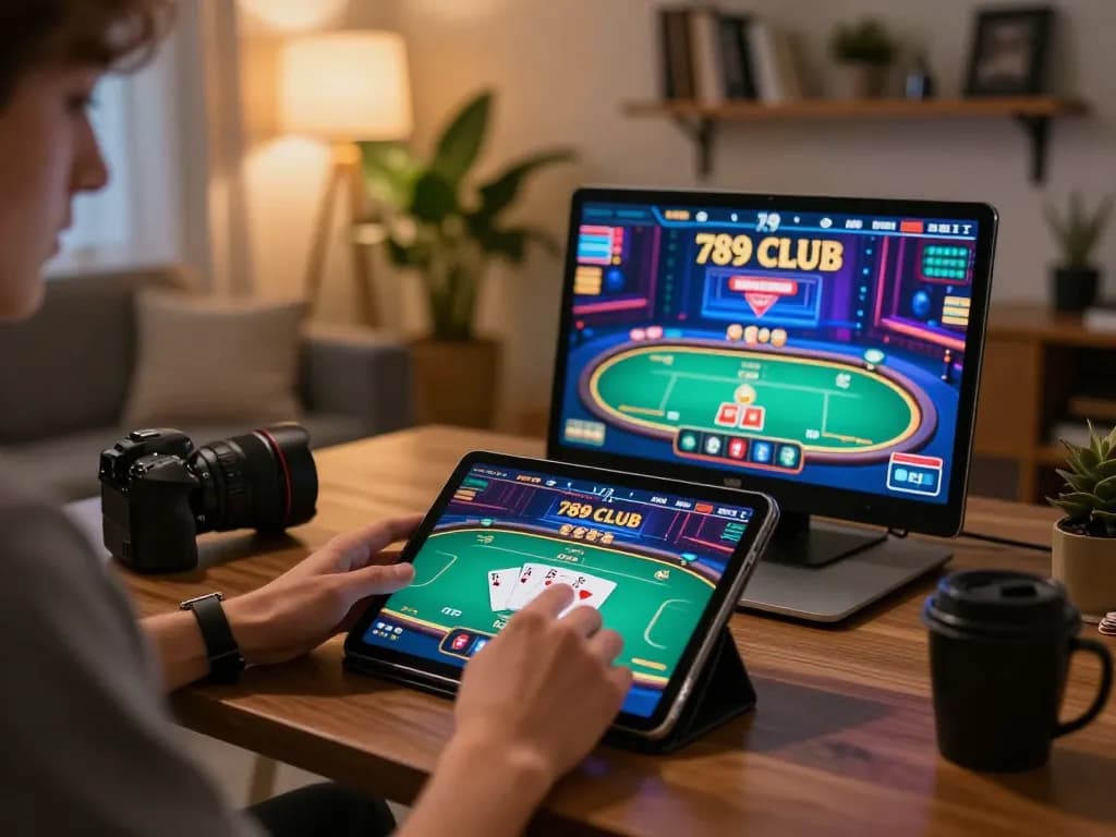 Engaged player exploring the 789 club casino on a tablet in a stylish, cozy living room
