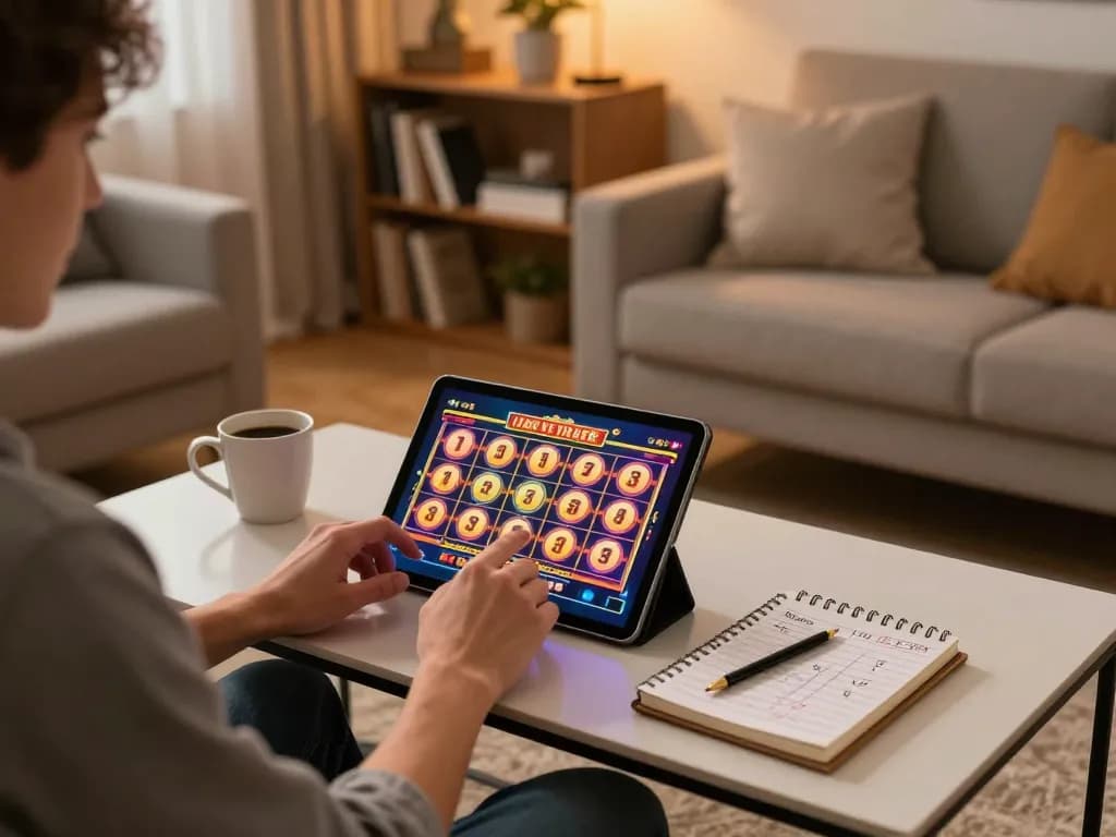 Player spinning the reels at 888newcasino with a tablet in a cozy home setup.