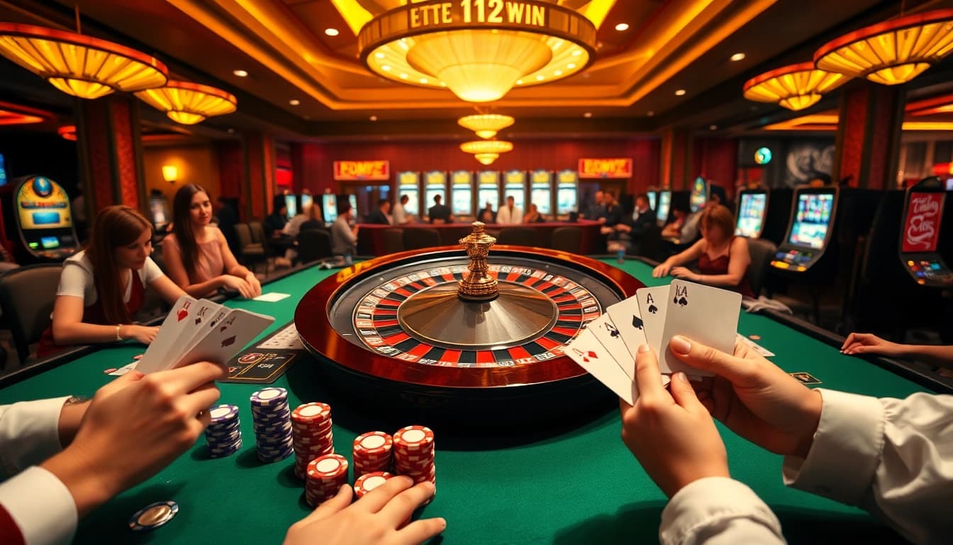 Experience the thrilling atmosphere of 123win casino with vibrant gaming tables and spinning roulette wheels.