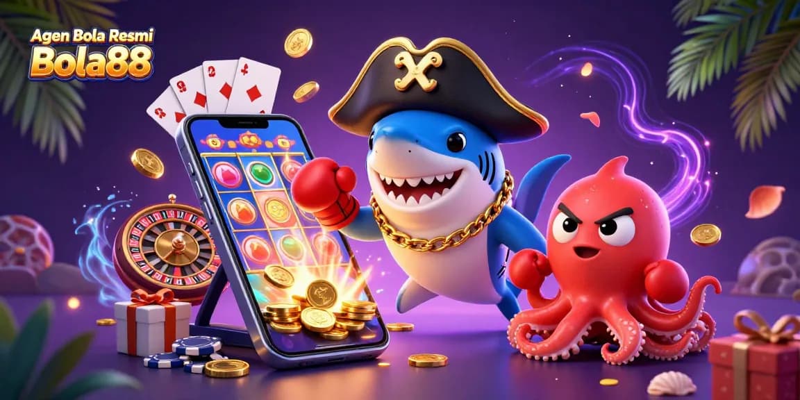 Agen Bola Resmi Bola88 showcases a vibrant pirate-themed casino scene with characters celebrating gaming wins.