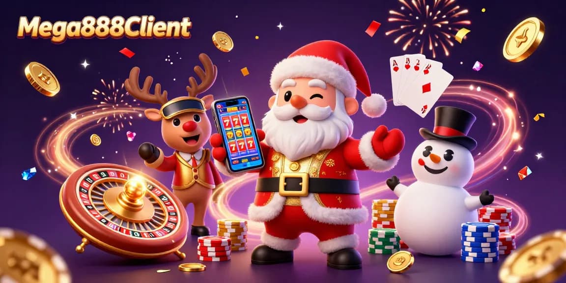 Join Mega888Client for festive gaming fun with Santa, casino-themed characters, and jackpot excitement!