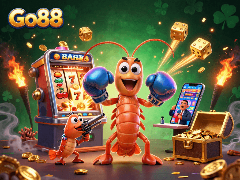 Experience exciting gaming with Go88's vibrant illustration featuring characters and casino elements.