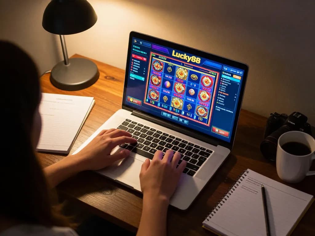 Engaging gameplay at Lucky88 best online casino experience on a laptop in a cozy home setting.