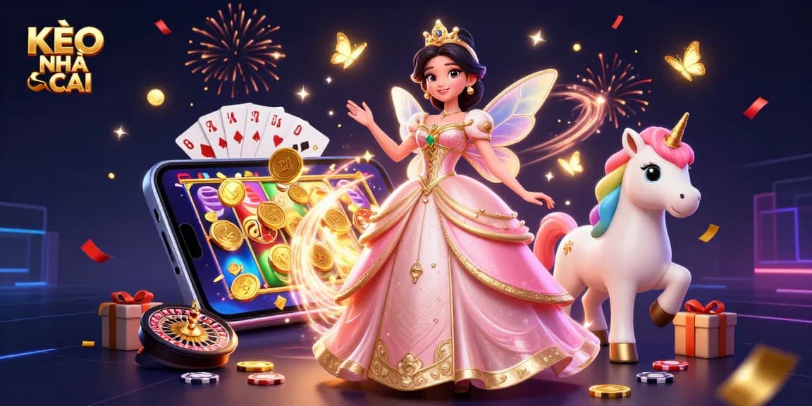 KÈO NHÀ CÁI showcases a glamorous scene with an Asian woman and golden unicorn amidst festive casino elements.
