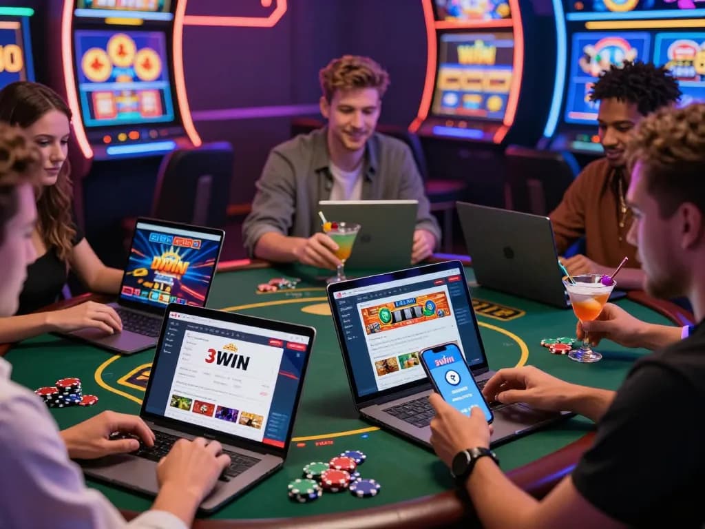 Engaging players exploring https://3win.baby/ on various devices in a vibrant online gambling setting, full of excitement and neon lights.
