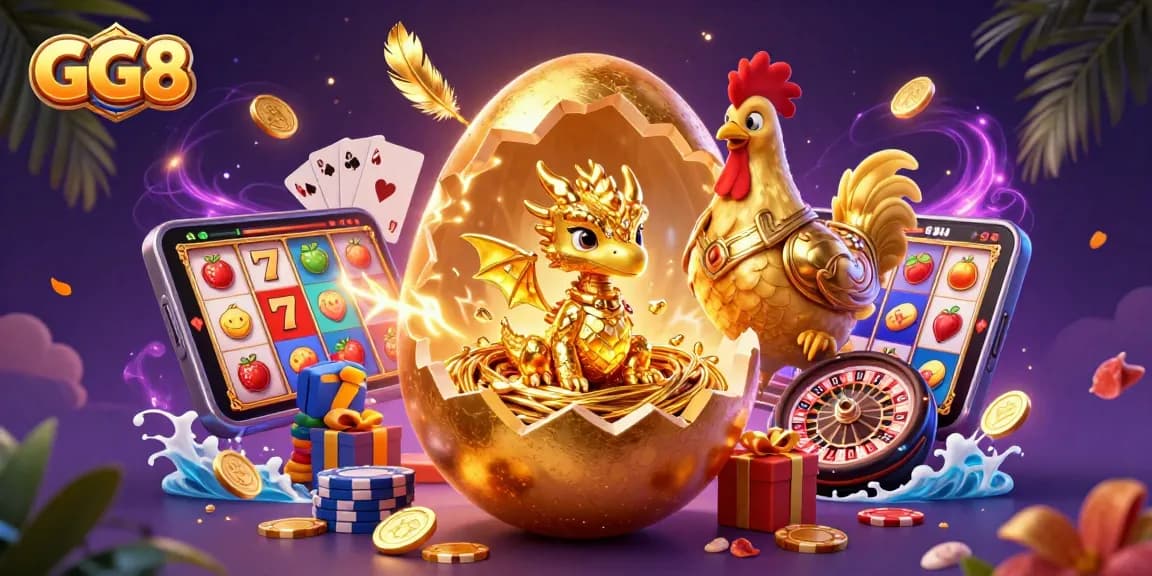 Engage with the GG8 gaming experience featuring a golden dragon and vibrant casino elements.