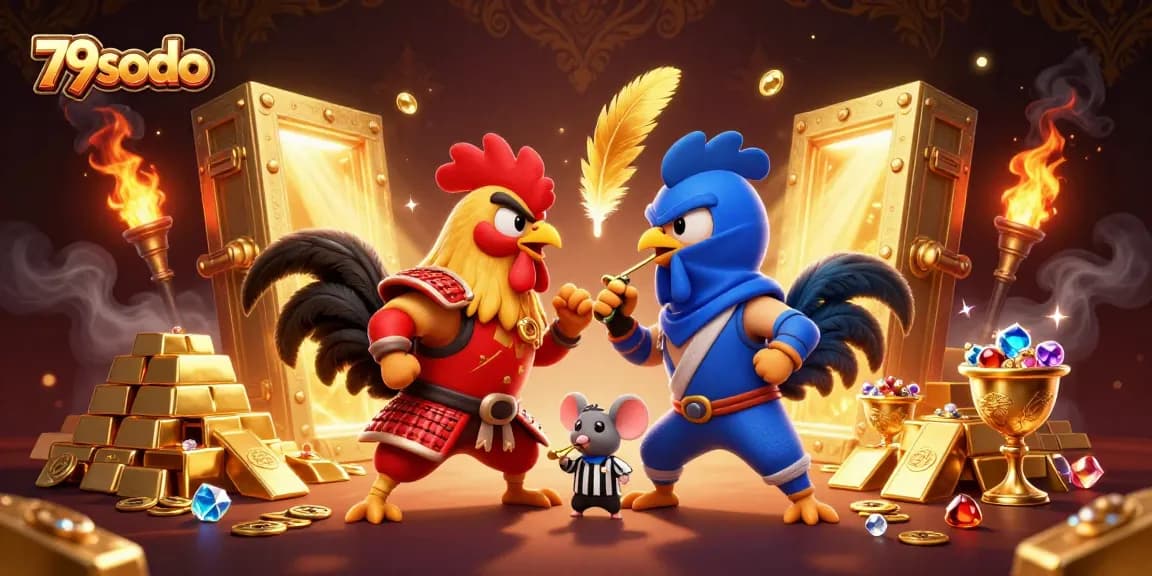 Engage with 79sodo's thrilling gambling experience featuring roosters in dramatic standoff amidst gold and treasure.
