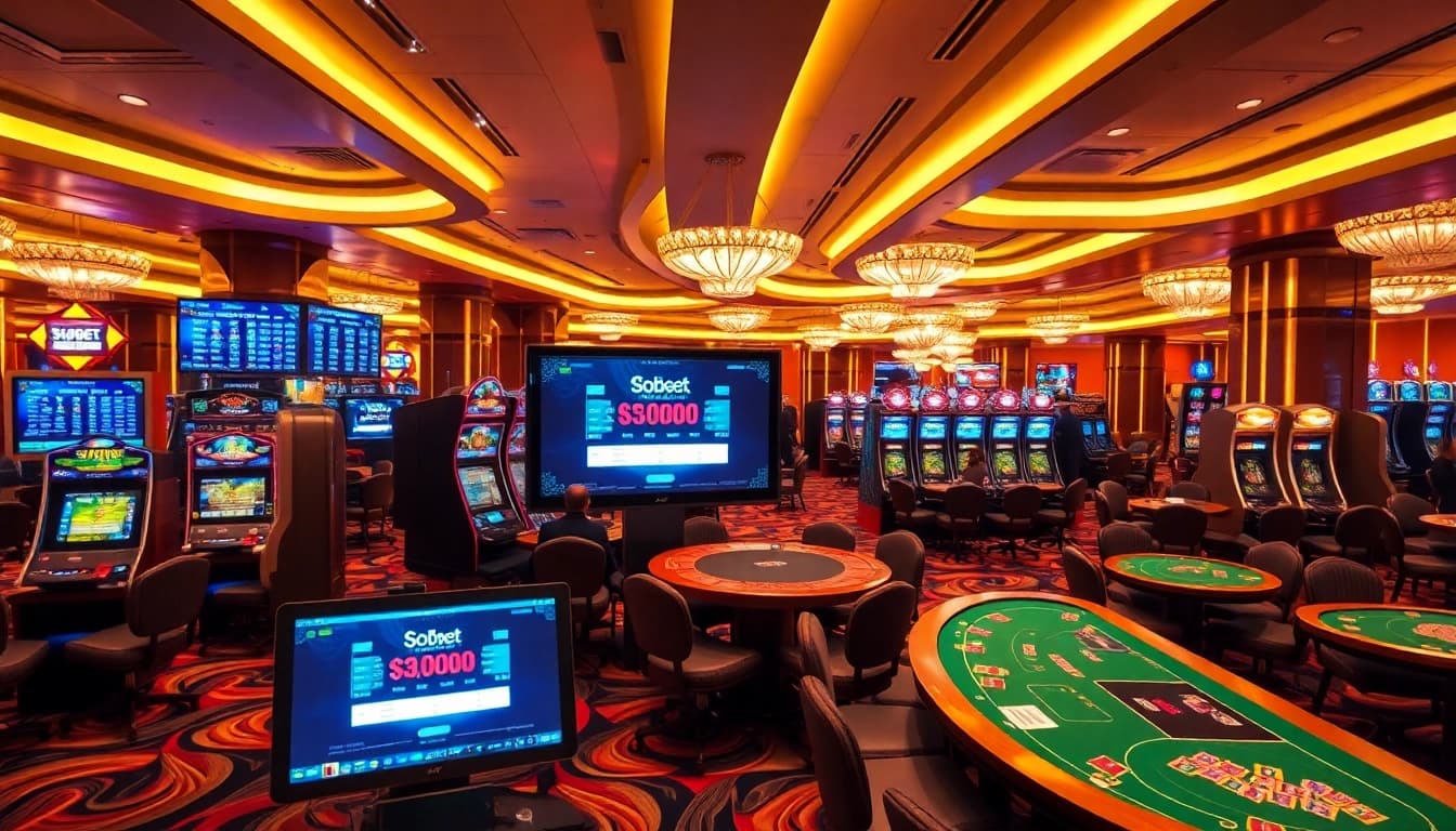 Sbobet login indonesia showcased on sleek betting terminals amidst a vibrant casino atmosphere.