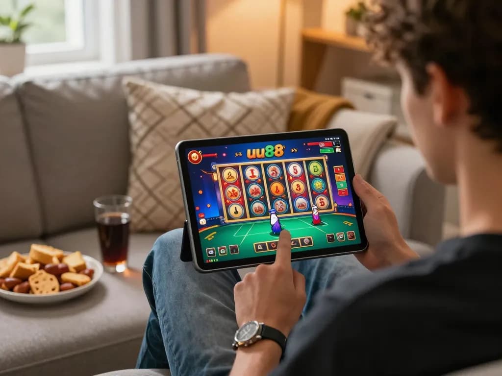 Enjoying a thrilling gameplay experience on the uu88 app while sitting comfortably at home.