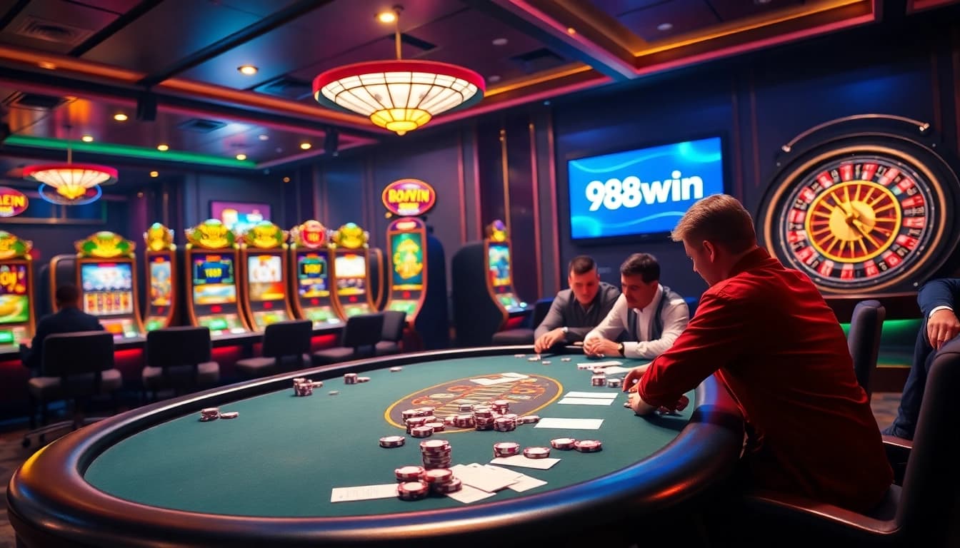 Players engaging in a high-stakes game at 98win casino, showcasing excitement and luxury.