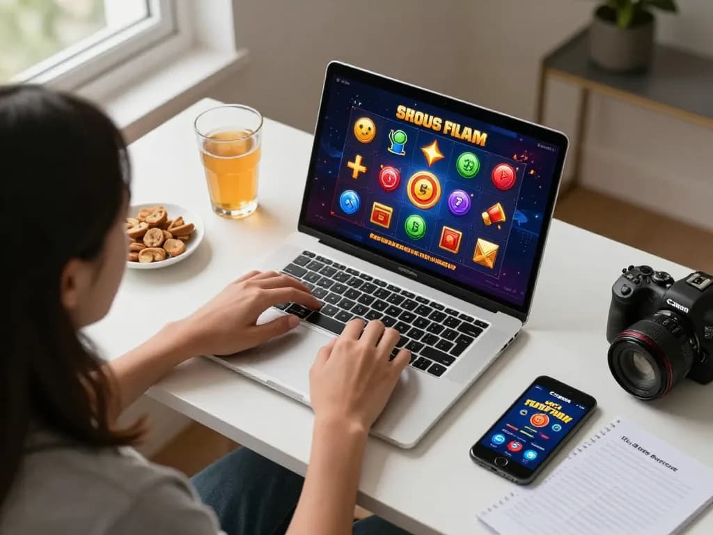 Engaged player enjoying a situs slot game on a laptop, with colorful visuals and snacks nearby, promoting responsible gaming.