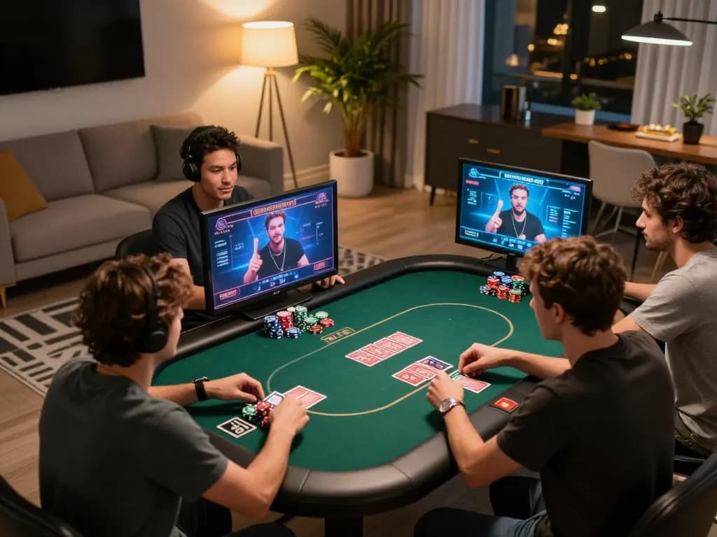Players at home enjoying an online poker game on LGOSUPER, focusing on strategy and fun in a cozy atmosphere.