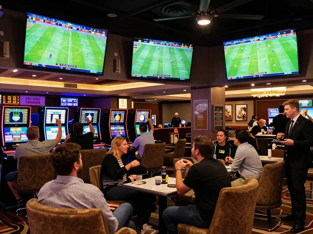 KQBD sports betting lounge with excited bettors cheering for live matches.