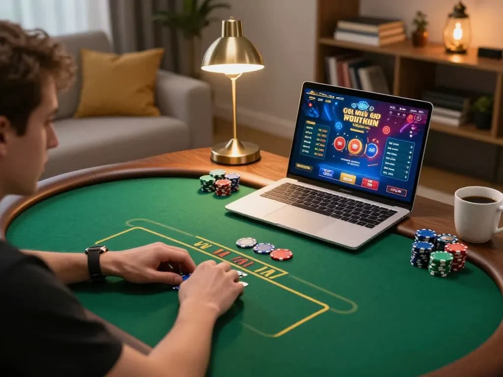 Player enjoying online poker on a laptop while giving focus to rikvip gaming interface in a cozy living room.