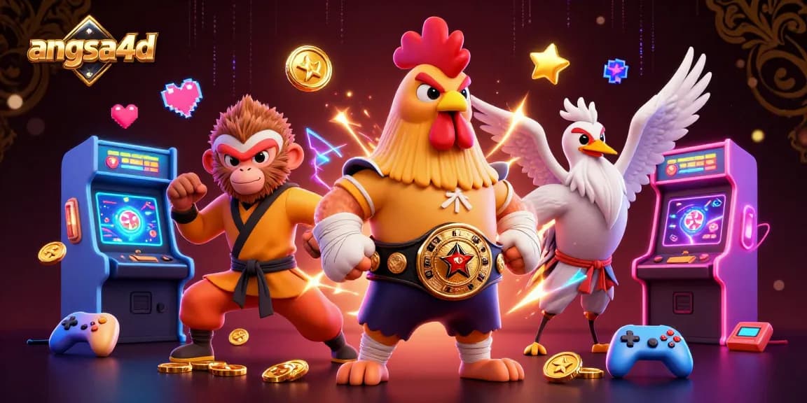 Win big with angsa4d's dynamic casino scene featuring a Muay Thai rooster and Shaolin monkey.