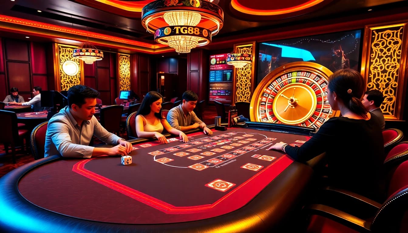 Experience thrilling gameplay at TG88 casino tables with poker, roulette, and high-energy atmosphere.