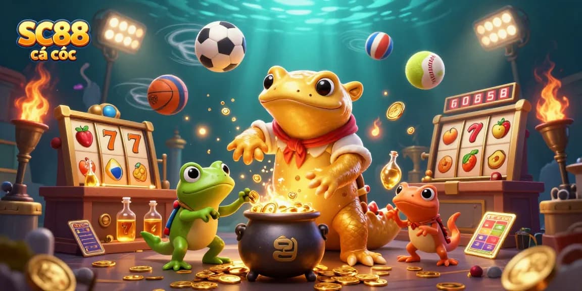 Engage in SC88 cá cược with dynamic games, golden elements, and lively visuals in 3D illustration.
