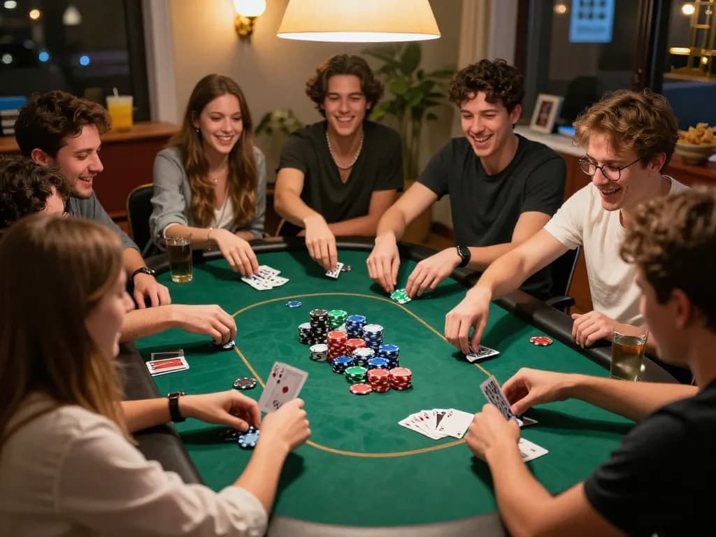 Friends enjoying an engaging home poker night with aa88i, sharing laughs and strategies around the table.
